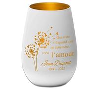 Photophore en Verre personnalisé - nom et Date funéraire - Lumière de deuil - présent funéraire - Blanc/Or - Que Reste t'il Quand Tout est éphémère, C'est l'amour - Lanterne présent funéraire -