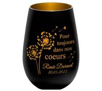 Photophore en Verre personnalisé - Nom et Date funéraire - Lumière de deuil - présent funéraire - Noir/Or - pour Toujours dans nos Coeurs - Lanterne présent funéraire -