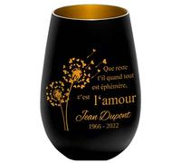 Photophore en Verre personnalisé - nom et Date funéraire - Lumière de deuil - présent funéraire - Noir/Or - Que Reste t'il Quand Tout est éphémère, C'est l'amour - Lanterne présent funéraire -