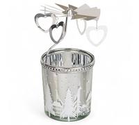 Photophore rotatif en forme de carrousel de Noël - En métal - Mini pyramide - 12 cm - Argenté - Verre votif et cœur