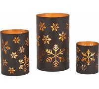 Photophore set de 3 pièces en noir - motif. FLOCKE DE NEIGE - Métal / env. 20, 15, 13 cm