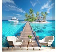 Photos D'Îles Tropicales Papier Peint Décoratif, Palmiers Et Eau Mer Papier Peint En Soie, Convient Pour Les Salons, Les Chambres, Salles Bains Murs Bureaux Bleu 250X175 Cm