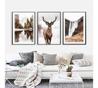 Photos, Montagne Paysage Toile Mur Art Animal Cerf Photo Nature Neige Lac Arbre Scandinave Affiche Imprimer Nordique Décoration de La Maison/40x60cmx3 Sans Cadre