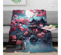 PHQAZWSXE 3D Imprimé Japanese Jardin Couverture de Lit Microfibre Chaude Traditionnel Architecture Jeté de Canapé Doux pour Étudiants Colocataires Locataires 40x50inch(100x130cm)