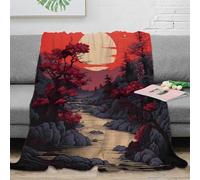 PHQAZWSXE 3D Imprimé Red Sunset scène Jeté de Lit Microfibre Literie Japanese Ink Painting Couverture Lavable en Machine Inaltérable pour Familles Jeunes Voyageurs 50x60inch(127x152cm)