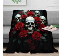 PHQAZWSXE 3D Imprimé Skull Roses Jeté de Canapé Microfibre Chaud Gothic Horror Art Couverture Compact Lavable en Machine pour Voyageurs Campeurs Familles 40x50inch(100x130cm)