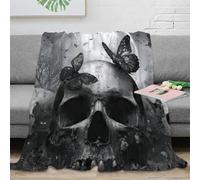 PHQAZWSXE 3D Imprimé Skull with Papillons Plaid de Salon Microfibre Moelleux Gothic Horror Art Couverture Polaire Cadeau Emménagement pour Foyers 80×90inch(200x230cm)