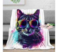 PHQAZWSXE 3D Imprimé Sunglasses Chat Couverture Microfibre Toutes Saisons Vif Pop Art Plaid Doux Cadeau pour Parents Grands-Parents 60x80inch(150x200cm)