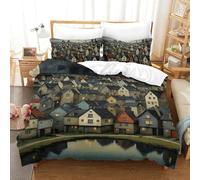 PHQAZWSXE La Ville est sous Une Nuit éclairée de Lune Housse De Couette 3D, Imprimé Charmant Parure De Lit avec Taie d'oreiller Microfibre Fermeture Éclair Adulte Enfant Single(140x200cm)