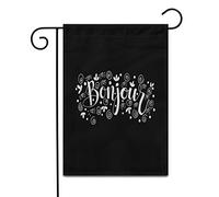 Phrase « Bonjour Hello Paris » Noire À L'Encre Française, Style Moderne Drapeau De Jardin Résistant Aux Intempéries Garden Flag Double Face Bannière Pour Porche Pelouse Balcon 30X45Cm
