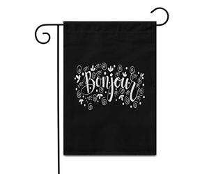 Phrase « Bonjour Hello Paris » Noire À L'Encre Française, Style Moderne Drapeau De Jardin Résistant Aux Intempéries Garden Flag Double Face Bannière Pour Porche Pelouse Balcon 30X45Cm