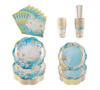 PHUNAT Ensemble de vaisselle de fête océan et plage pour 25 invités, comprend des assiettes en carton (17,8 et 22,9 cm), des tasses, des serviettes, des pailles, parfait pour les fêtes sur la plage