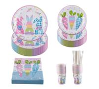 PHUNAT Ensemble de vaisselle de fête pour 25 invités, assiettes et serviettes, thème lapin, comprend des assiettes en papier (17,8 cm et 22,9 cm), gobelets, serviettes, pailles, idéal pour Pâques