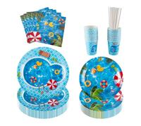 PHUNAT Lot d'assiettes, tasses et serviettes de table sur le thème de la piscine d'été pour 25 invités, comprend des assiettes en carton (17,8 et 22,9 cm), des tasses, des serviettes, des pailles