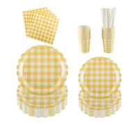 PHUNAT Lot de 25 assiettes, tasses et serviettes de table, comprenant des assiettes en carton festonnées jaune vichy (17,8 et 22,9 cm), parfaites pour les fêtes, événements et célébrations