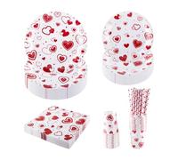 PHUNAT Lot de 25 assiettes, tasses et serviettes de table en carton avec motif cœur (17,8 et 22,9 cm), tasses, serviettes, pailles, idéal pour la Saint-Valentin, un mariage, un anniversaire, la fête
