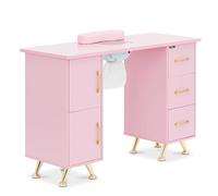 Physa table manucure, rose, doré, 3 tiroirs, 2 étagères, aspiration poussière, repose-main