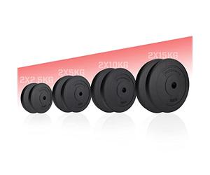 Physionics® Lot de 2 disques d'haltères, 2,5/5/10/15 kg, diamètre 30 mm, en plastique, noirs, pour haltères, longues, haltères courtes (2 x 15 kg)