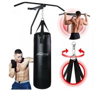 Physionics® Sac Frappe avec Barre Traction - Rempli, 19kg, 28 x 83cm, 4 Bandes Solides, Acier, Fixation Murale - Pull Up Bar, Support pour Boxe