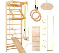 Physionics® Set d'Espalier Suédois - Max. 150kg, Bois, Barre de Traction/Balançoire à Disque/Trapèze - Échelle, Gymnastique Suédoise