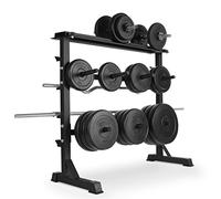 PHYSIONICS® Support pour Haltères en Acier, Charge Max 300 kg, Noir | Rack de rangement pour disques et barres d’haltères, repose-barre, embouts caoutchouc, portoir de stockage pour home gym
