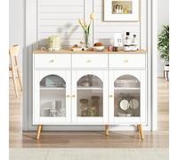 Physport Armoire de Salle à Manger avec Rangement, Buffet Bar à café de 94 cm de Haut avec 3 tiroirs et 3 Portes cintrées en Verre trempé, Blanc et Naturel