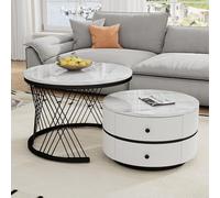 Physport Ensemble de Tables Basses élégant en 2 Parties, Blanc, Dimensions 60×60×46 cm & 50×50×31 cm, Tables Rondes en Finition Haut Brillant Effet marbre, 2 tiroirs capacité de Charge maximale 30 kg