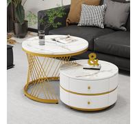 Physport Ensemble élégant de 2 Tables Basses Blanches imbriquables, 60×60×46 cm & 50×50×30,8 cm, Tables Rondes avec Finition Haut Brillant Effet marbre, 2 tiroirs, capacité de Charge jusqu'à 30 kg