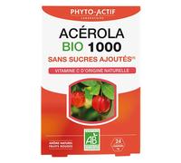 PHYTO-ACTIF | ACÉROLA Bio 1000 Sans Sucres | Complément alimentaire vitalité Bio | Réduit la fatigue | Système immunitaire renforcé |Riche en Vitamine C naturelle | 24 comprimés à croquer