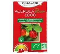 PHYTO-ACTIF | ACÉROLA Bio 1000 Sans Sucres | Complément alimentaire vitalité Bio | Réduit la fatigue | Système immunitaire renforcé |Riche en Vitamine C naturelle | 24 comprimés à croquer