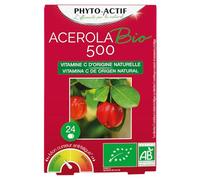 PHYTO-ACTIF | Acérola Bio 500 | Complément alimentaire Vitalité Bio | Réduit la fatigue | Immunité | Vitamine C | 500 mg d'Acérola | 24 comprimés