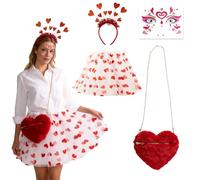 PIAKAZIQA Deguisement Cupidon Femme, Amor Costume Cœur 4 Pièces Femme, Jupe en Tulle Blanche, Sac en Forme Rouge, Serre-tête et tatouage Cœur, Cupidon Accessoire pour Saint Valentin Carnaval Cosplay