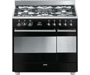 Piano de cuisson Smeg SCB92MN8 - Noir Brillant Plaque Gaz / Four Electrique Chaleur tournante - Email easy-to-clean - Porte tempérée