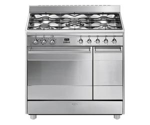 Piano de cuisson Smeg SCB92MX8 - Inox Plaque Gaz / Four Electrique Chaleur tournante - Email easy-to-clean - Porte tempérée
