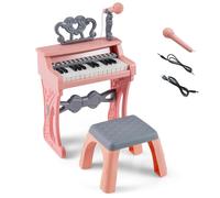 Piano pour Enfants 25 Touches avec Tabouret Portable COSTWAY-Microphone,Pupitre-Pieds Détachables-Double Alimentation-sans BPA-Rose