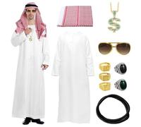 Piashow Deguisement Arabe Homme, Costume de Cheikh Arabe pour Homme, Costume Le Cheik, Djellaba Homme avec Doigt Bague Colliers Lunettes de soleil Foulard pour Carnaval, Fêtes, Cosplay