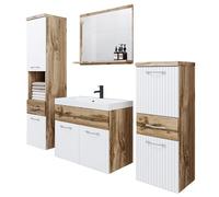 PIASKI Alba Ensemble de meubles de salle de bain avec lavabo, miroir, armoires hautes et moyennes, plateau stratifié MDF, suspensions, Wotan/blanc ondulé, 6 pièces