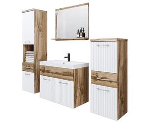 PIASKI Alba Ensemble de meubles de salle de bain avec lavabo, miroir, armoires hautes et moyennes, plateau stratifié MDF, suspensions, Wotan/blanc ondulé, 6 pièces
