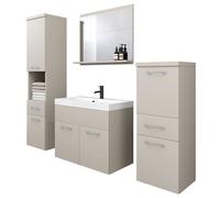 PIASKI Alba Ensemble de meubles de salle de bain suspendus avec lavabo, armoire haute, miroir avec étagère, plateau stratifié MDF, poignées en métal, 6 pièces, beige cashmir