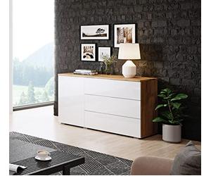 PIASKI Commode 110 cm Paris, commode, commode de salon, meuble d'appoint de salon, meubles de salon modernes (Wotan/blanc brillant)