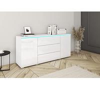 PIASKI Commode 150 cm Vera, avec tiroirs, éclairage LED optionnel, commode de salon, Meubles de salon modernes, (éclairage LED, Blanc/Blanc brillant)