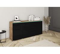 PIASKI Commode 150cm Vera, commode, éclairage LED en option, commode de salon, meubles de salon modernes (éclairage LED, Wotan/noir brillant) VERA150 One Size