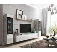 PIASKI Ensemble de meubles de salon Vera II, éclairage LED en option, ensemble de meubles de salon, différentes couleurs (béton / blanc brillant avec éclairage LED), (VRB0002)
