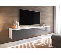 PIASKI Meuble TV Lowboard D 140/180 cm, meuble TV, meuble TV flottant, blanc gris, éclairage LED en option (avec éclairage LED, 180 cm)