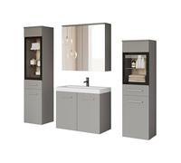 PIASKI Udine Ensemble de meubles de salle de bain avec lavabo, miroir, armoire haute, étagère flottante, gris mat, LED