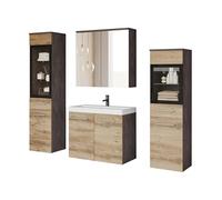 PIASKI Udine Ensemble de meubles de salle de bain, lavabo, miroir, armoire en verre, siphon et lavabo inclus (LED/marron)