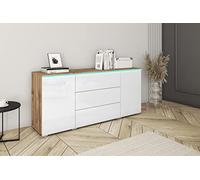 PIASKI Vera Commode de 150 cm avec éclairage LED en option, commode de salon, meubles de salon modernes (éclairage LED, Wotan/blanc brillant)