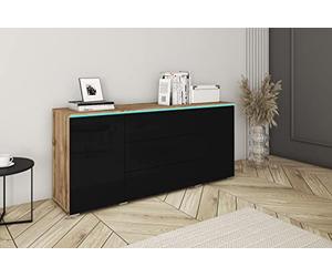 PIASKI Vera Commode de 150 cm avec éclairage LED en option, commode de salon, meubles de salon modernes (éclairage LED, Wotan/noir brillant)