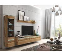 PIASKI Vera I Ensemble de meubles de salon avec meuble TV, vitrine et étagère, plateau stratifié MDF, éclairage LED en option, style moderne, couleur Wotan, avec éclairage LED