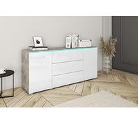PIASKI VERA150 Commode 150 cm Vera, commode, éclairage LED en option, commode de salon, meubles de salon modernes, (éclairage LED, béton/blanc brillant),one size